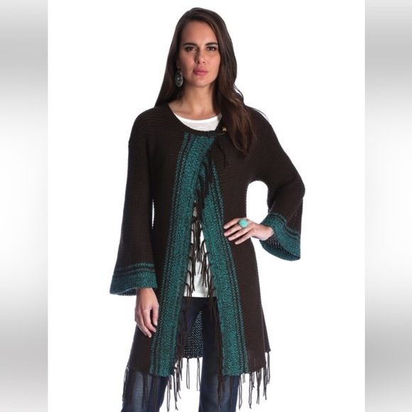NWOT Wrangler Cardigan Long Sweater Brown/Turquoise Size L - Picture 5 of 7